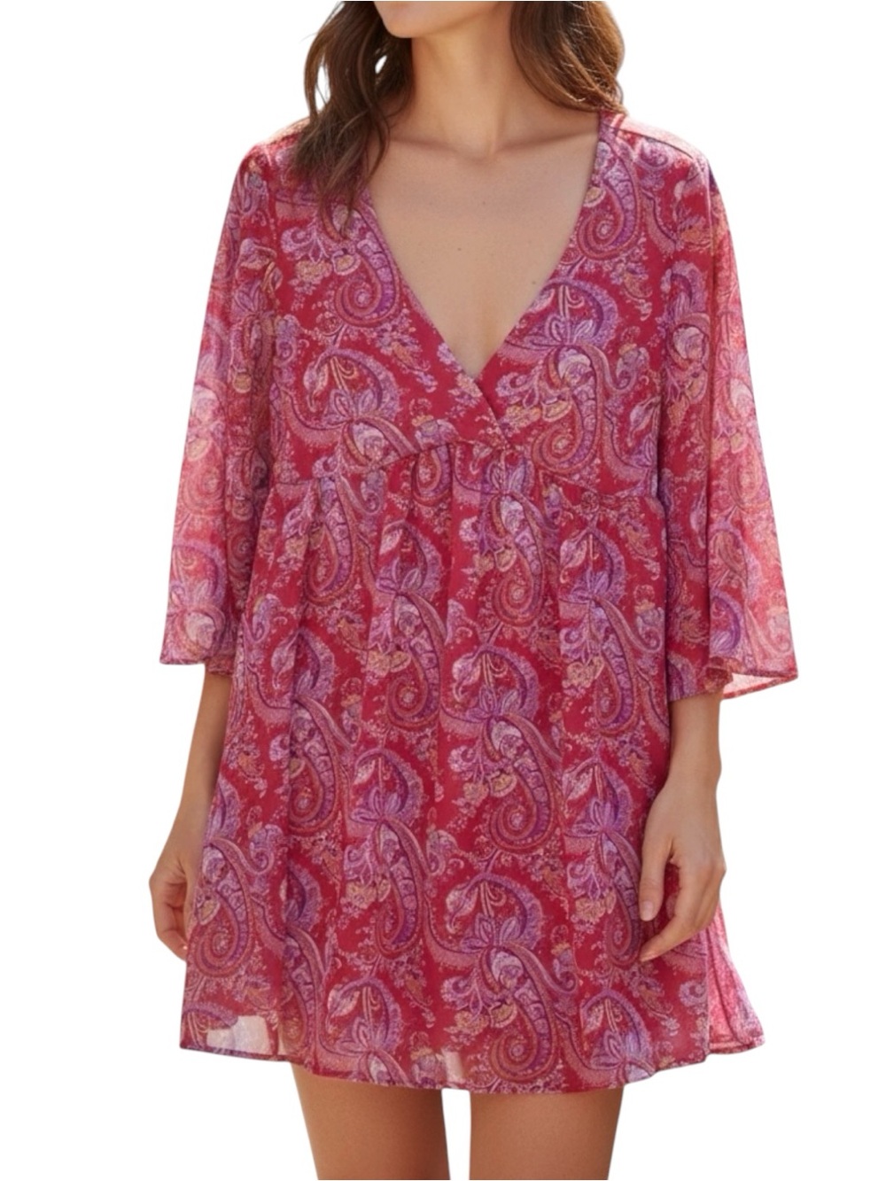 The Impeccable Pig V-Neck Paisley Swing Chiffon Babydoll Dress